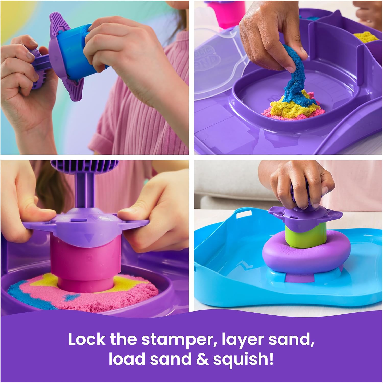 Kinetic Sand, SquishMotion with 1lb Pink, Yellow & Blue Play Sand, Stamper & 5 Tools, Storage Case, Sensory Toys, Holiday Gifts & Stocking Stuffers for Kids Ages 3 and up