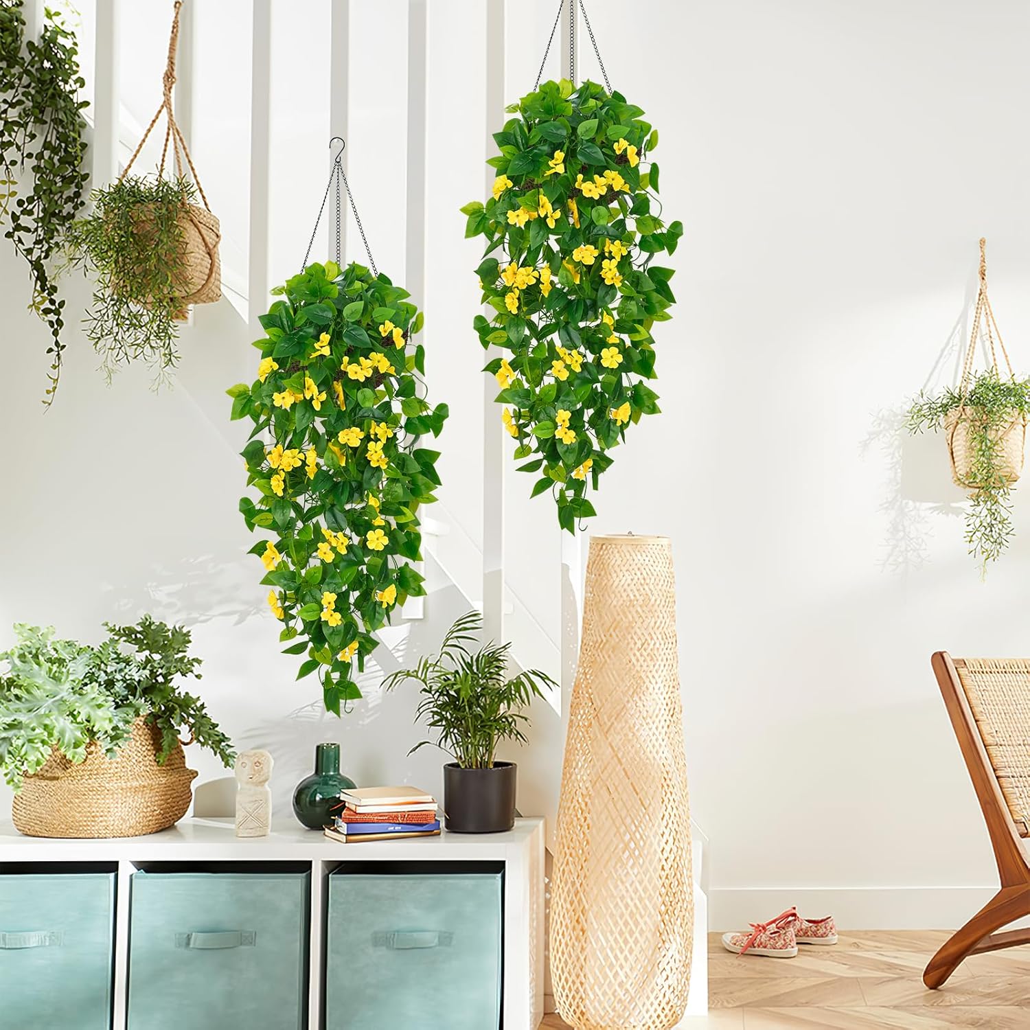 BLEUM CADE Artificial Hanging Flowers for Outdoors, 4pcs Fake Hanging Plants Pothos Vines with Yellow Flowers for Wall Home Living Room Indoor Outdoor Decor (No Baskets)