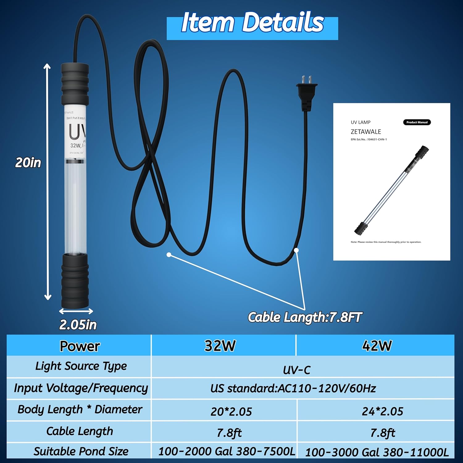 Pond UV Light for Fish Tank UV Pond Water Clarifier for 100-2000 Gallon UV Pond Filter for Koi Pond Swimming Pool,Spa,Large Fish Tank UV Light Aquarium for Outdoor Pond Algae Control（32W）