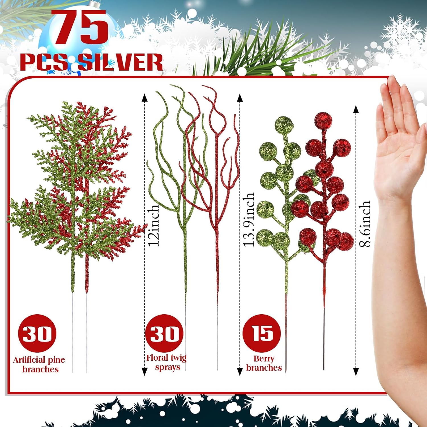 75 Pcs Christmas Glitter Branches 3 Styles Artificial Christmas Picks Berries Stems Pine Needles Floral Twig Spray for Xmas Tree Ornaments DIY Wreath Garland(Red, Green)