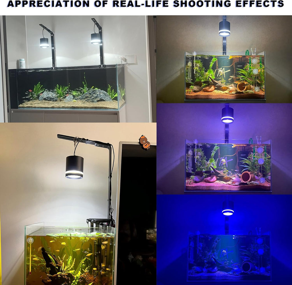 LIYAOLI LED Aquarium Light - 2 Pcs Clip On Full Spectrum Fish Tank Light with Adjustable Height for Planted Tanks, Coral Reef, Saltwater/Freshwater, 3 Color Modes - White/Blue/Combo