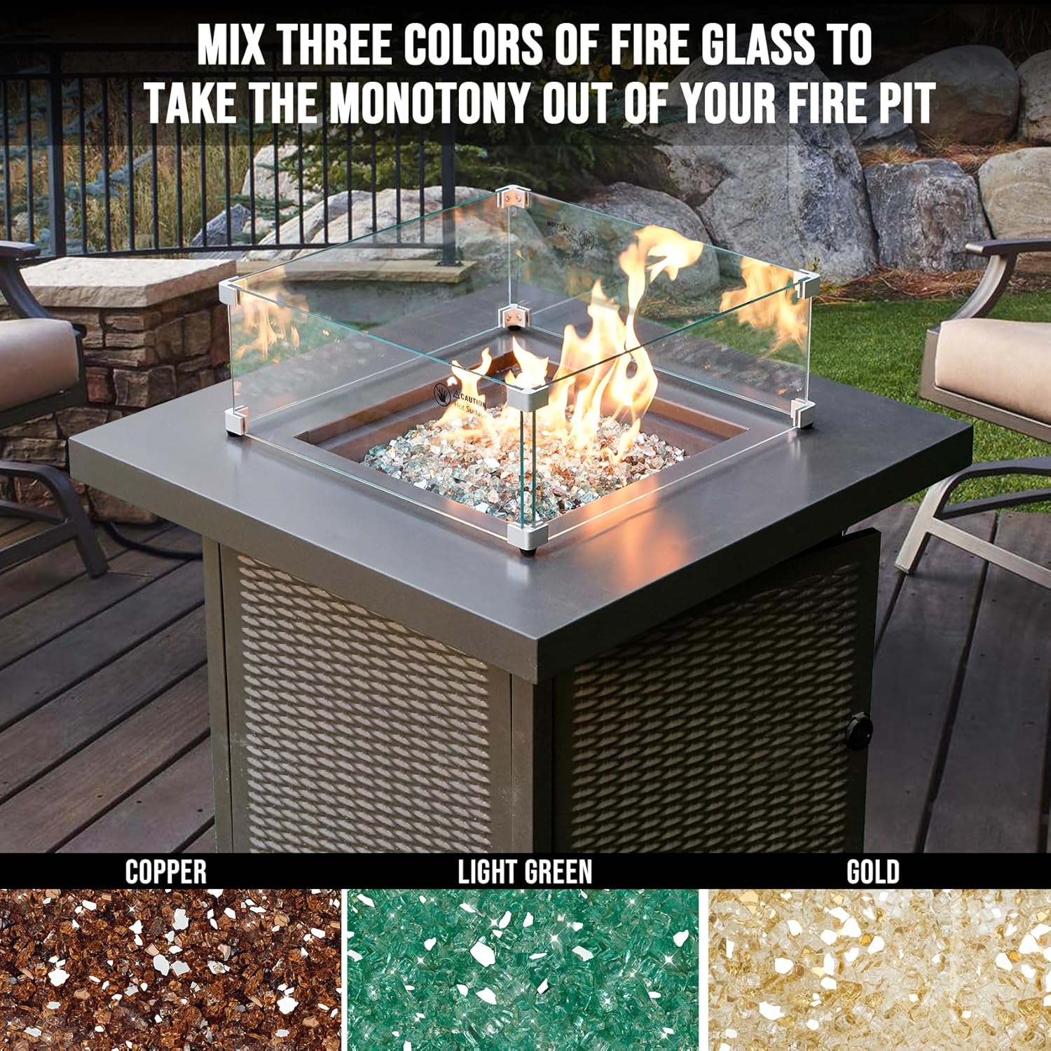 Skyflame 10-Pound Blended Fire Glass for Fire Pit Fireplace Landscaping - 1/4 Inch Reflective Tempered Fireglass Gold, Light Green, Copper