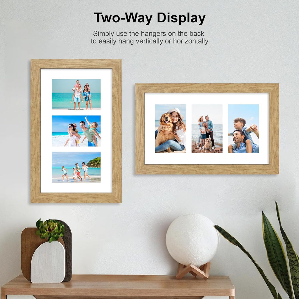 8x14 Picture Frame Set of 2, Natural Oak Wood Frame with Glass Collage Frame, Display Pictures 3-4x6 With Mat or 8 x 14 Without Mat - Horizontal or Vertical Wall Mounting