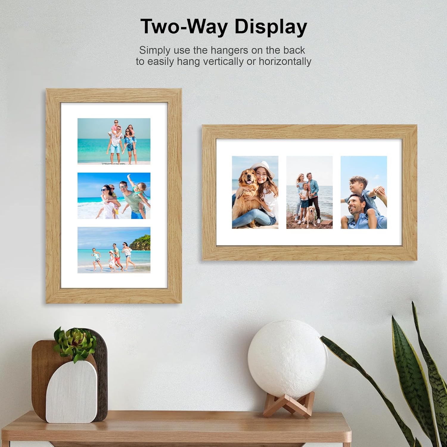 8x14 Picture Frame Set of 2, Natural Oak Wood Frame with Glass Collage Frame, Display Pictures 3-4x6 With Mat or 8 x 14 Without Mat - Horizontal or Vertical Wall Mounting