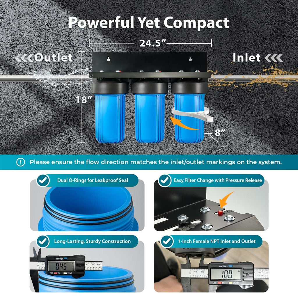 iSpring Whole House Water Filter System, Reduces Iron, Manganese, Chlorine, Sediment, Taste, and Odor, 3-Stage Iron Filter Whole House, Model: WGB31BM, 10” x 4.5” Filters, 1” Inlet/Outlet