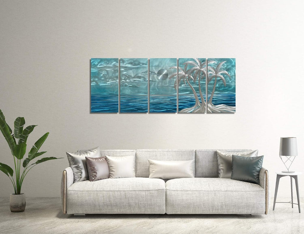 BATRENDY ARTS Blue Metal Tree Wall Art Silver Coconut Palm by the Sea Hand-polished Tropical Artwork Accent Contemporary Bedroom Decor Hangings