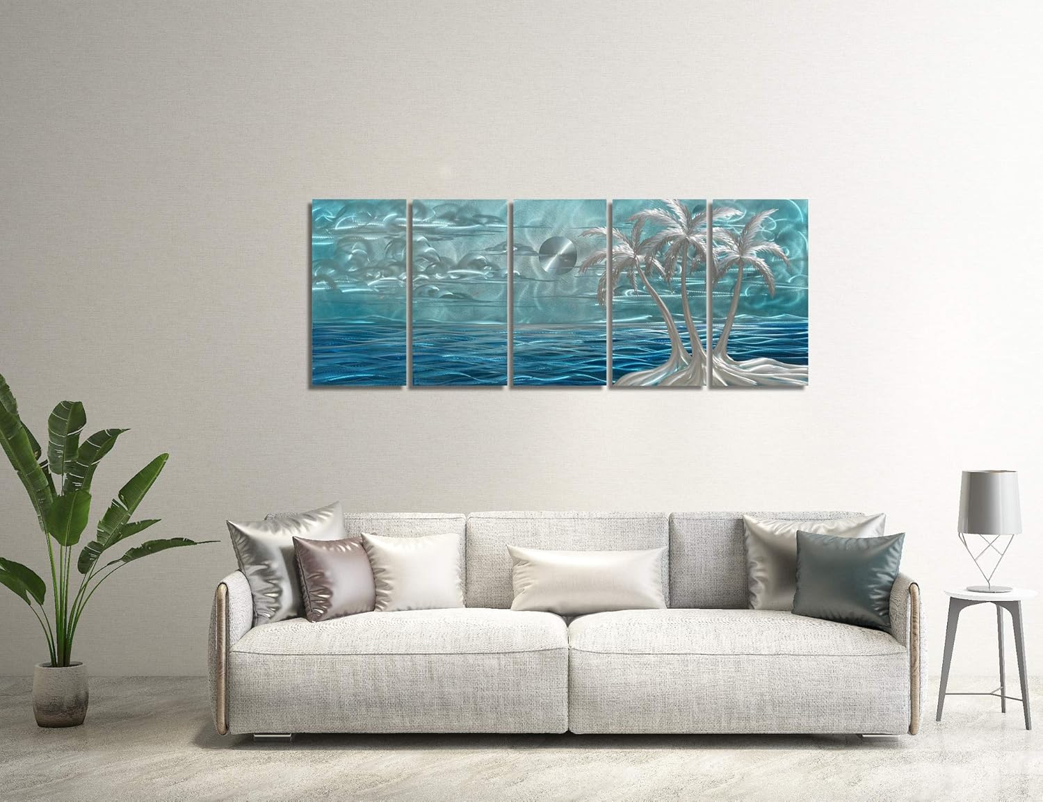 BATRENDY ARTS Blue Metal Tree Wall Art Silver Coconut Palm by the Sea Hand-polished Tropical Artwork Accent Contemporary Bedroom Decor Hangings