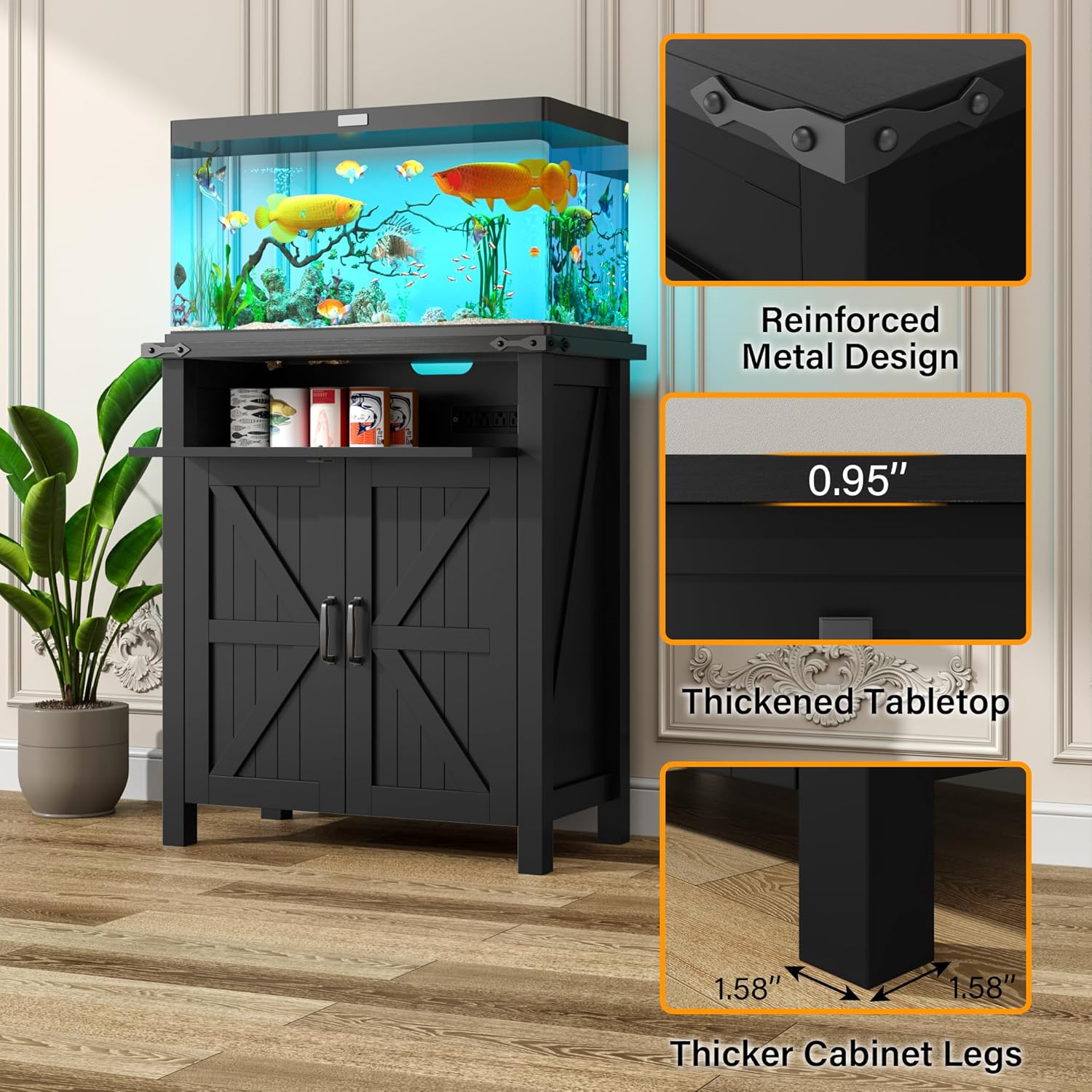 20 Gallon Fish Tank Stand with Power Outlets, Farmhouse Decorative Aquarium Stand Furniture with Adjustable Shelves and Storage Cabinet, 10 Reptile Turtle Tank Stand (Black, 20GL)