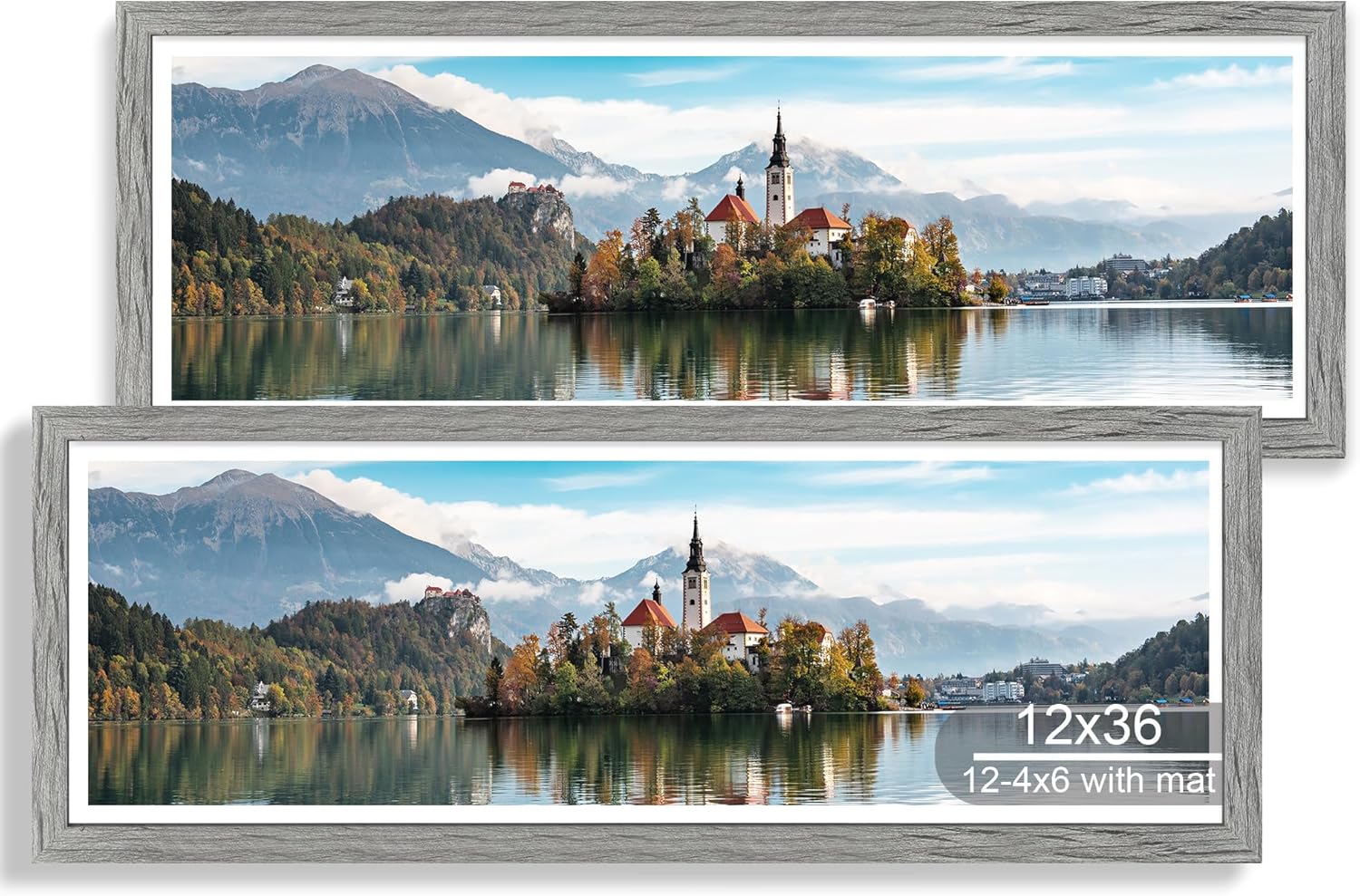 12x36 Picture Frame 2 Packs, Real Glass and Grey Wood Frame, Display Collage Pictures Twelve 4x6 With Mat or Pennant 12 x 36 Without Mat - Horizontal or Vertical Wall Mounting