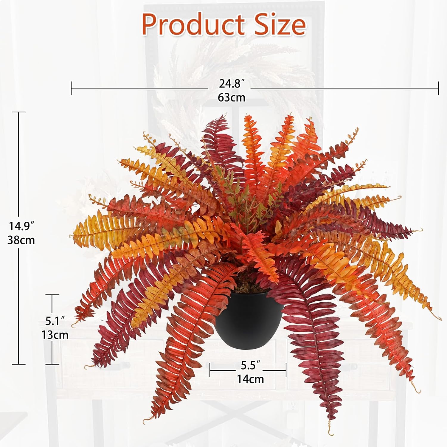 Hollyone Fake Boston Fern in Pot Fall Faux Fern Medium Potted Plant Medium Autumn Decor Plants Outdoor Indoor Autumn Boston Ferns Artificial Plants for Patio Garden Farmhouse Fall Decorations for Home