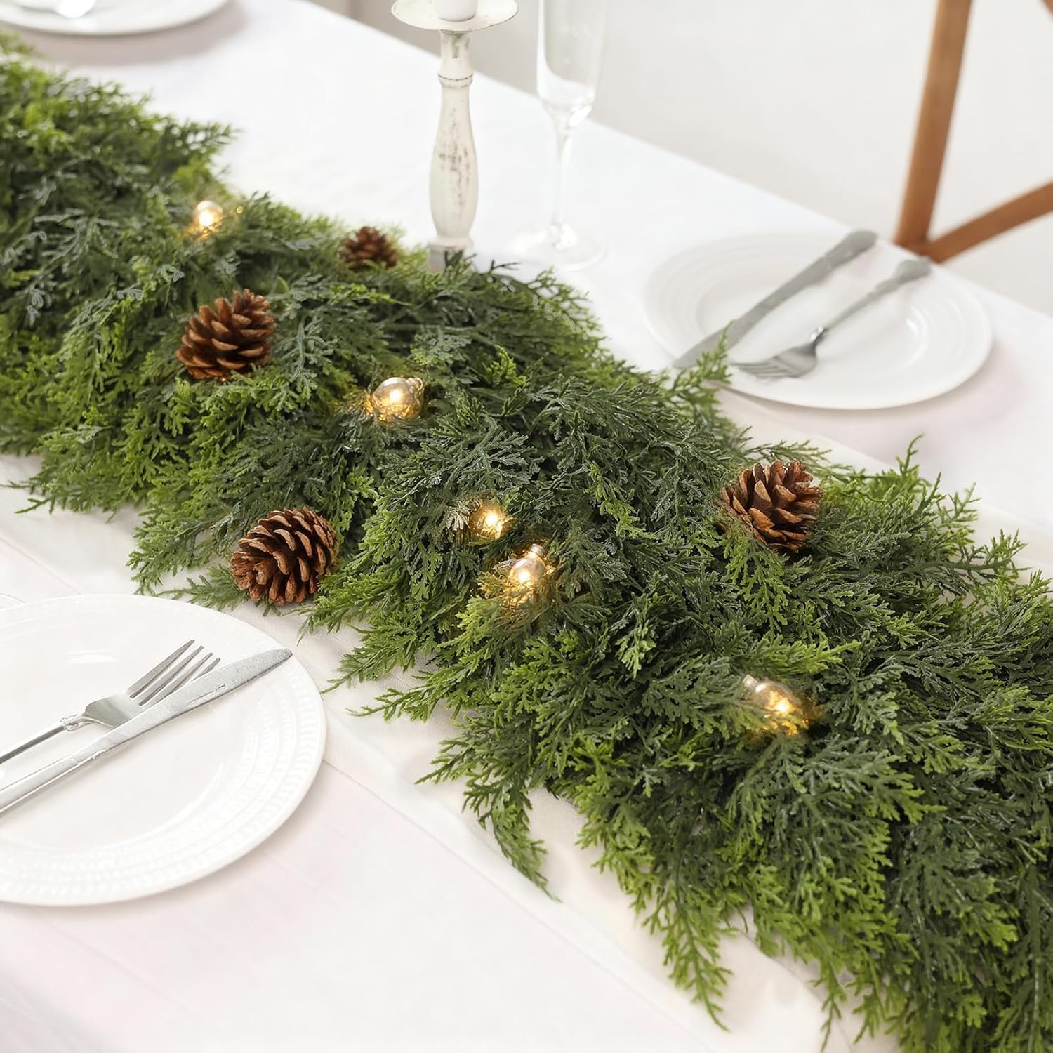 9FT Real Touch Christmas Cedar Garland - 2PCS, Artificial Pine Needles Garlands Realistic Fake Green Faux Garland for Holiday Fireplace,Table,Window,Stairs,Mante,Indoor Outdoor Decor