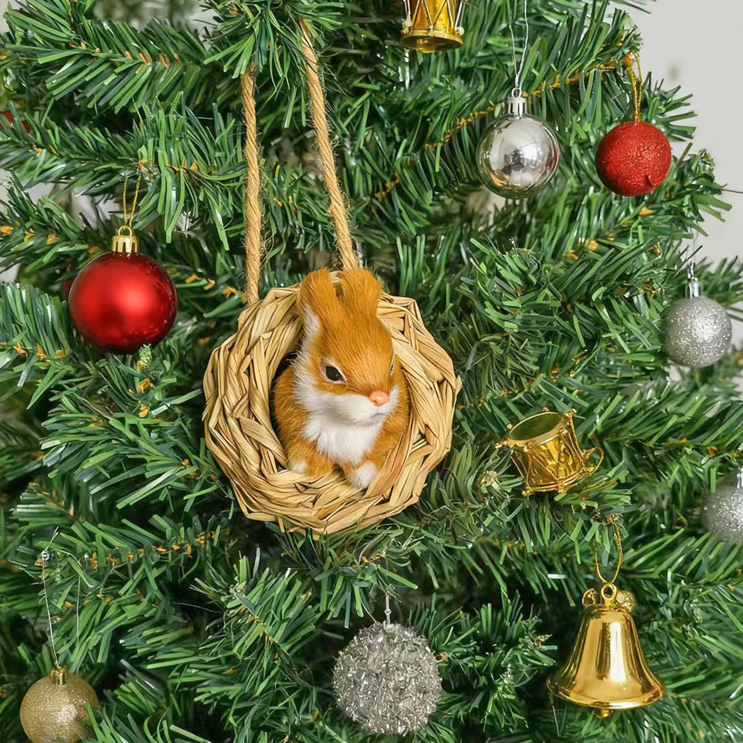 3D Forest Animals Ornaments for Christmas Tree Woodland Furry Animal Ornament Handmade Bird Nest with Plush Animals for Xmas Tree Faux Fur Animal Hanging Decoration Home (4inch Nest & Rabbit)