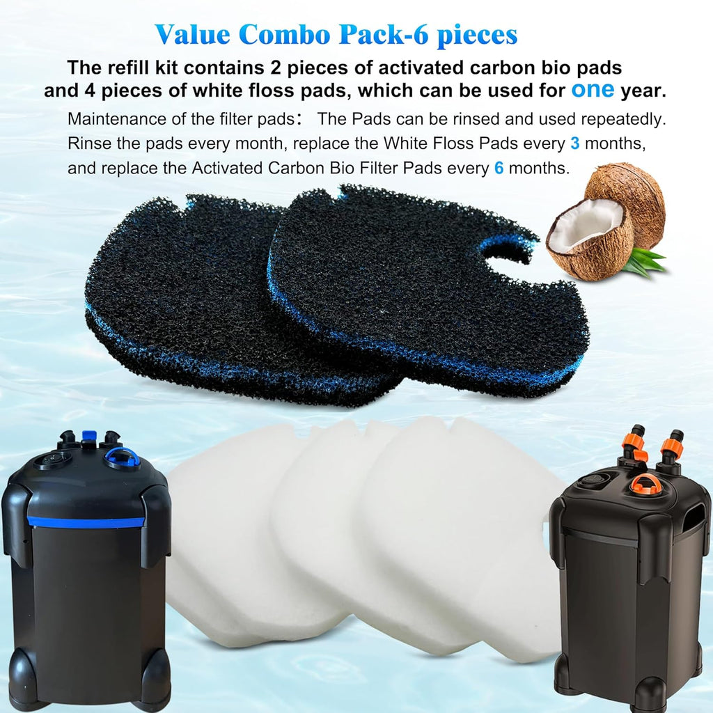 6 Pack Replacement Cotton White Floss and Activated Carbon Sponge Bio Filter Pads Refill for AMOSIJOY Aquarium Canister Filter, Compatible with PONDFORSE Canister Filter (Small for 172/225/265GPH)