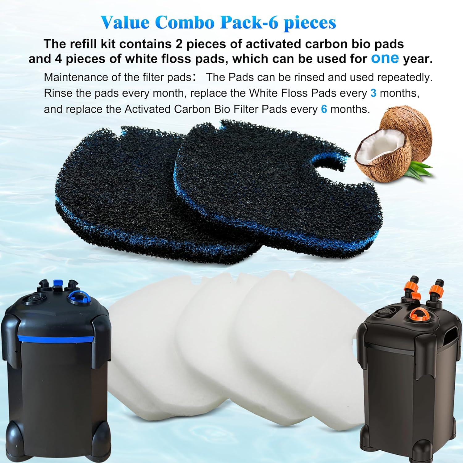 6 Pack Replacement Cotton White Floss and Activated Carbon Sponge Bio Filter Pads Refill for AMOSIJOY Aquarium Canister Filter, Compatible with PONDFORSE Canister Filter (Small for 172/225/265GPH)