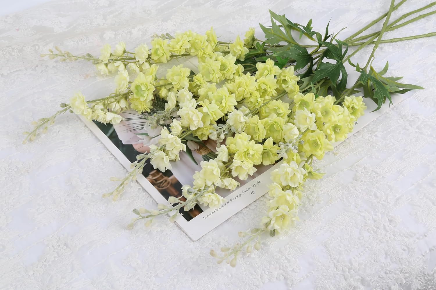 IPOPU 9Pcs Artificial Delphinium Flowers Combo Clematis Greenery Stems, 33.5" Long Stem Larkspur for Wedding Centerpieces, Bridal Bouquet, Home Party Table Decor (Light Green)