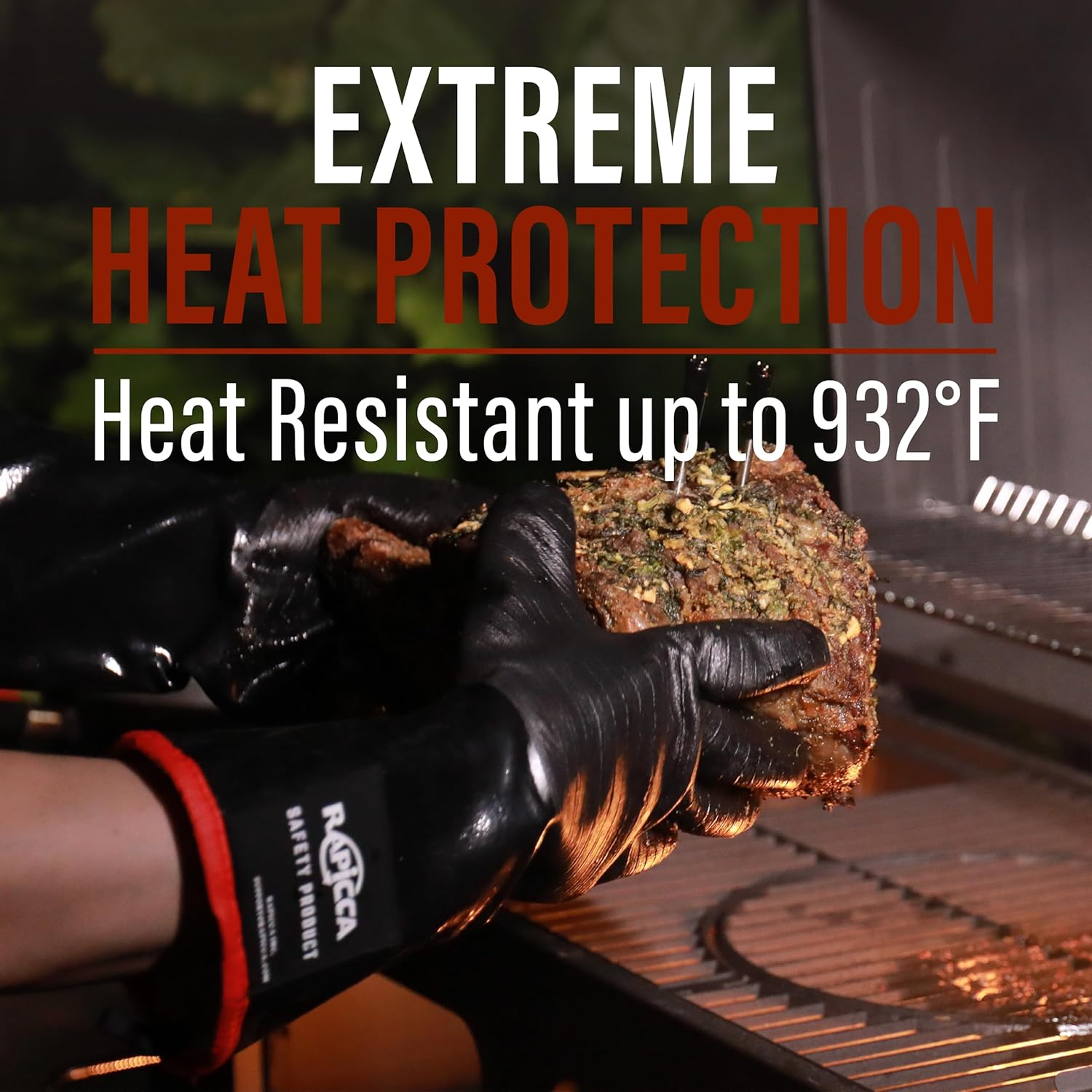 RAPICCA 932°F Heat Resistant BBQ Grill Gloves: Oil Resistant Waterproof for Smoking Grilling Cooking Barbecue Deep Frying Turkey Rotisserie Handling Hot Greasy Meat Stocking Stuffers - 17 in Size XL