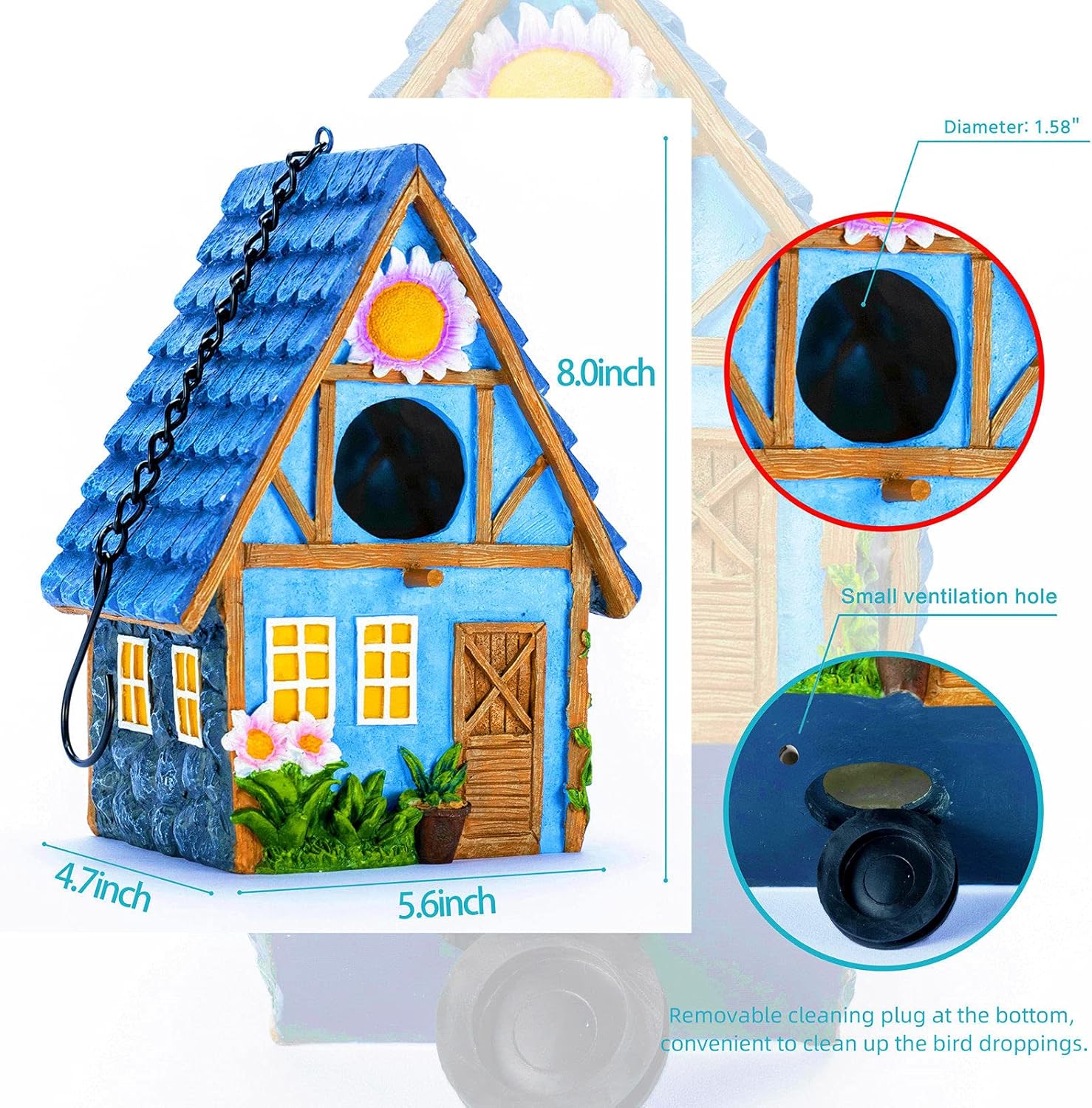 Garden Bird House for Outside Clearance Hanging Outdoors Country Cute Birdhouses for Wren Finchs Chickadee Hummingbird Tree Swallow Cage Kids Nature Lover Bluebird House(Blue)