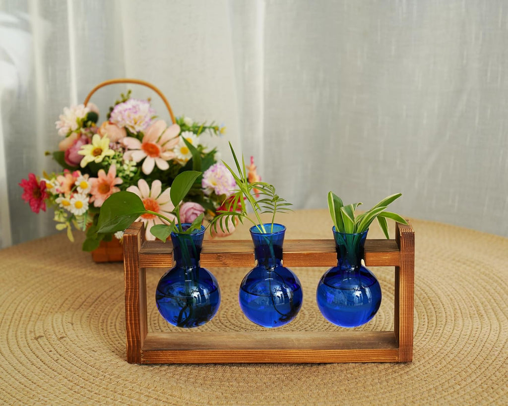 Kingbuy Glass Plant Terrarium Propagation Station - 3 Bulb Colored Vases with Retro Wood Stand Indoor Garden Planter - Wall Mounted & Desktop Decor for Home Kitchen Wedding, Gift for Plant Lover, Blue