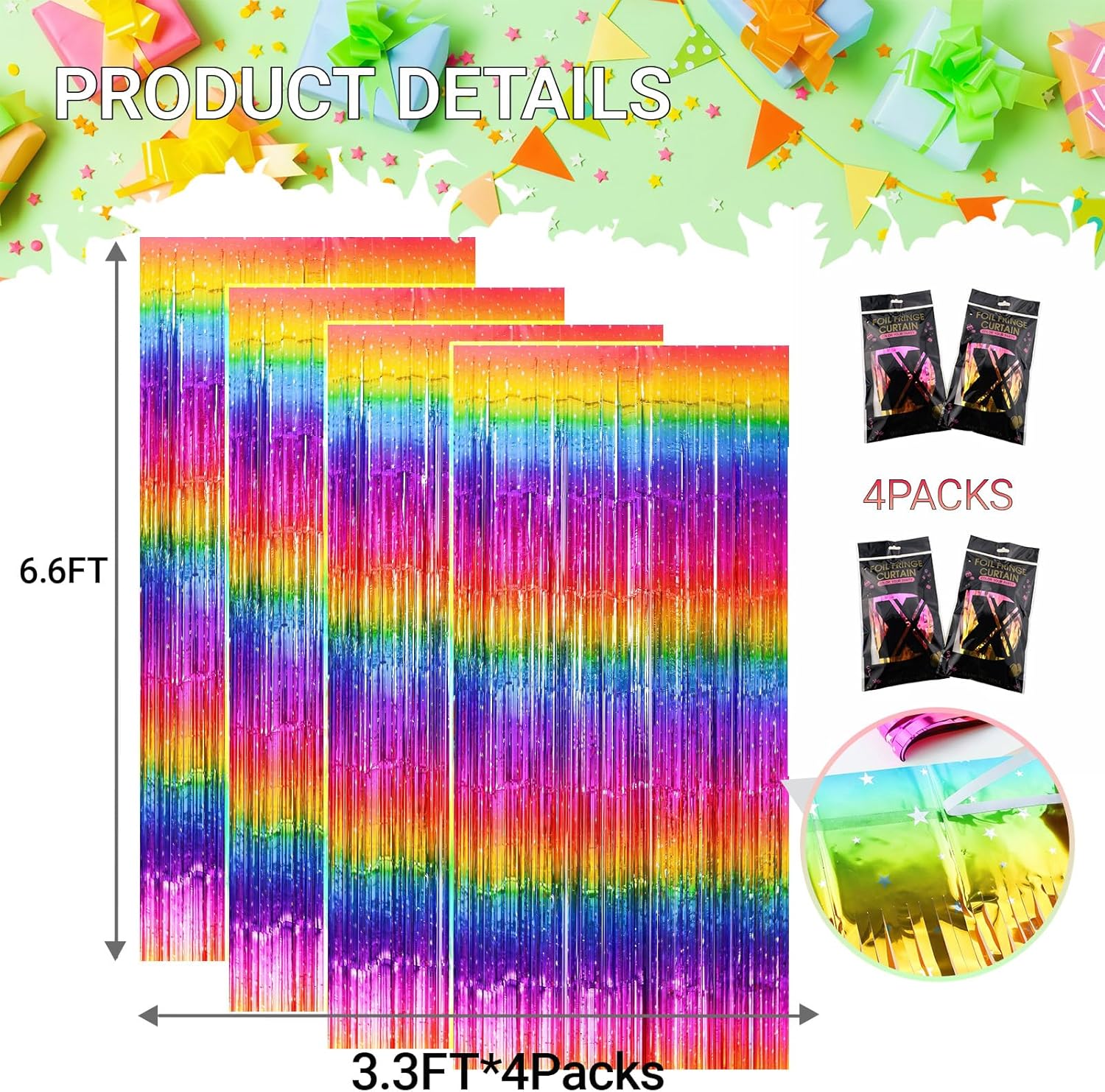 Pack of 4 Sparkly Neon Rainbow Foil Fringe Curtain Backdrop Metallic Streamers Photo Booth Props for Birthday Bachelorette Gay Pride Day Graduation Wedding 80s 90s Disco Party Decorations -3.3x6.6Ft