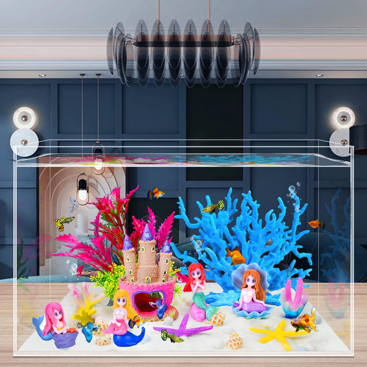 Mermaid's Castle Fish Tank Decorations-28pack Include Castle Hideout, Faux Coral,Starfish and Artificial Plastic Plants Aquarium Décor Accessories for All Fish-Pink