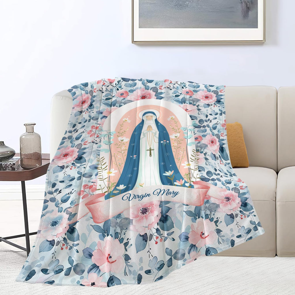 Virgin Mary Throw Blanket Christian Religious Scripture Catholic Spiritual Stuff Gifts for Adults Women Soft Cozy Warm Plush Fluffy Fuzzy Fleece Blanket Decor 50''X60''