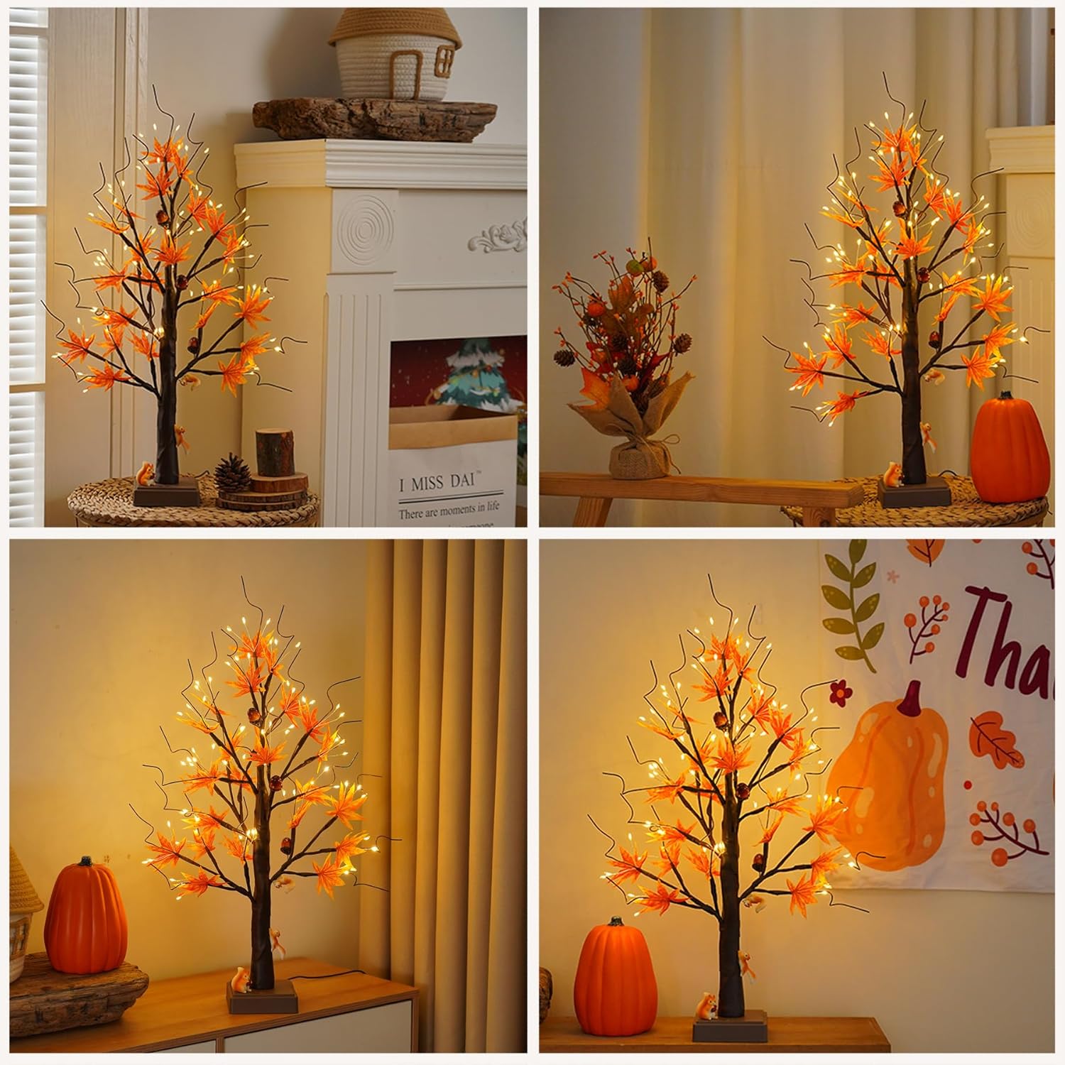 24” 72 LED Fall Decorations for Home, Birch Tree Lighted Fall Maple Leaves Artificial Tree LEDs Autumn and 3 Squirrel,Acorn Ornaments USB/3AA Battery Timer for Gifts Thanksgiving Indoor
