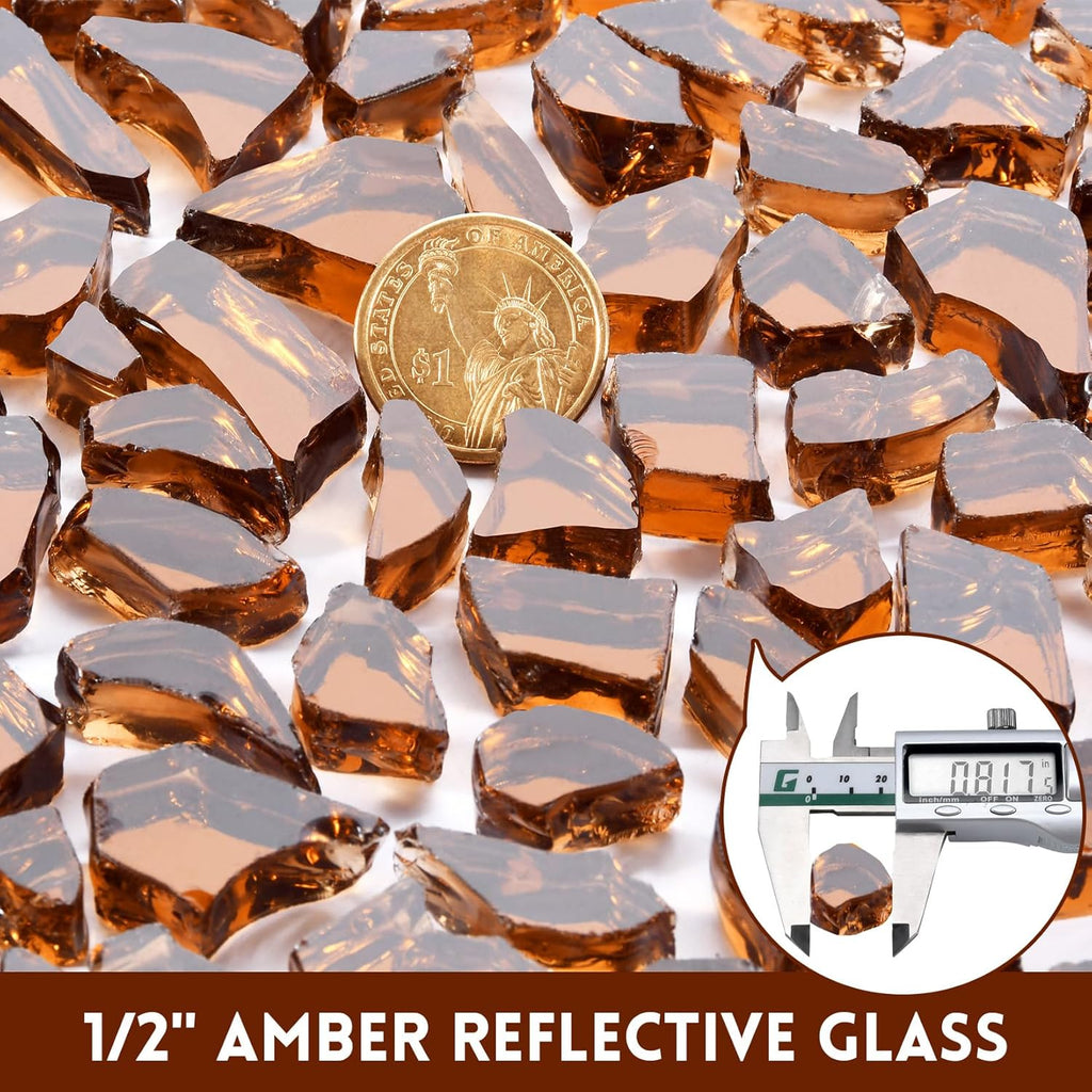 GasSaf 1/2 Inch Fire Glass Reflective Tempered Fireglass Cut Crushed FireGlass for Fire Pit, Fireplace, Replaces Existing Gas Logs & Lava Rocks (10 Pound)(Amber Reflective).
