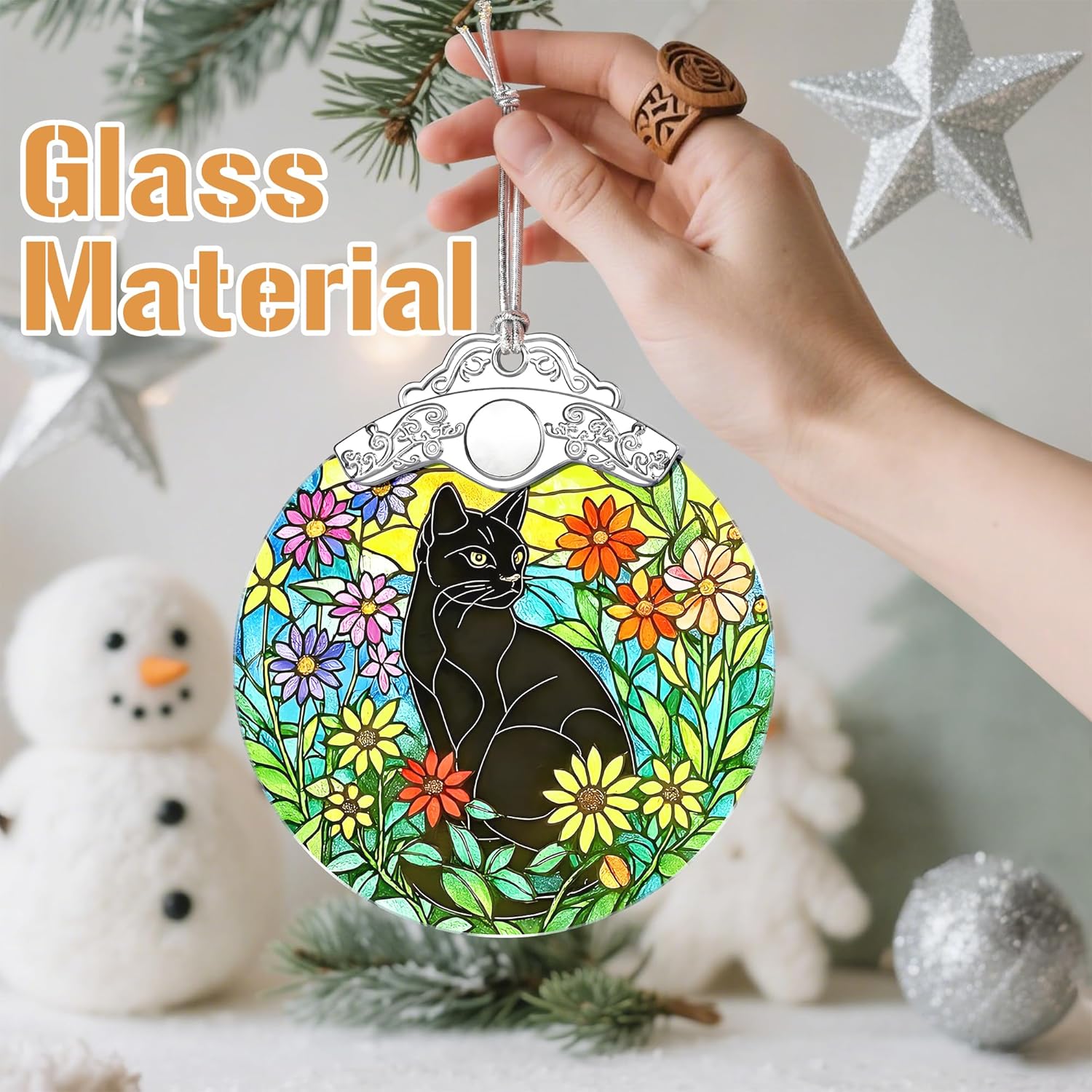 Christmas Ornament, Christmas Tree Ornaments, Keepsake Ornaments, Holiday Decor, Holiday & Xmas Gifts, Gifts for Cat Lovers & Flower Lovers - Black Cat-Theme