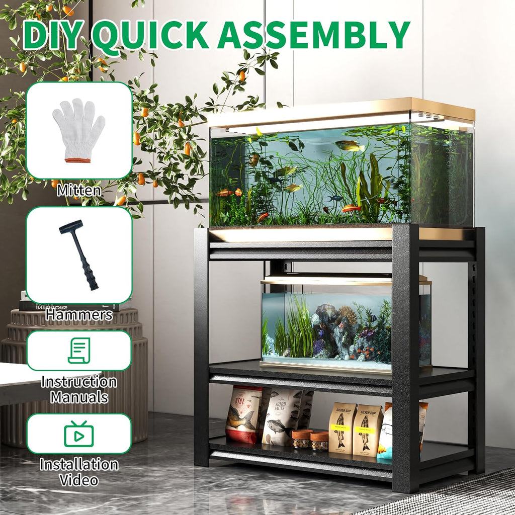 Fish Tank Stand,3-tier Rack Shelf Heavy Duty Metal Frame Aquarium Stand 20 Gallon,Reptile Terrarium Stand for 30 Gallon Long Aquarium,Reptile Tank Stand,Breeder Tank Stand,31.5"*18"*34"