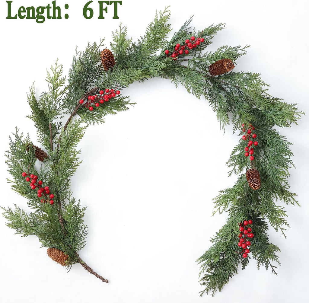 MIZII Christmas Garlands 6FT Artificial Pine Garland with Pinecone Berries Greenery Garland Christmas Decorations for Xmas Fireplace Mantle Home Decor Indoor Outdoor (Garland-6FT)