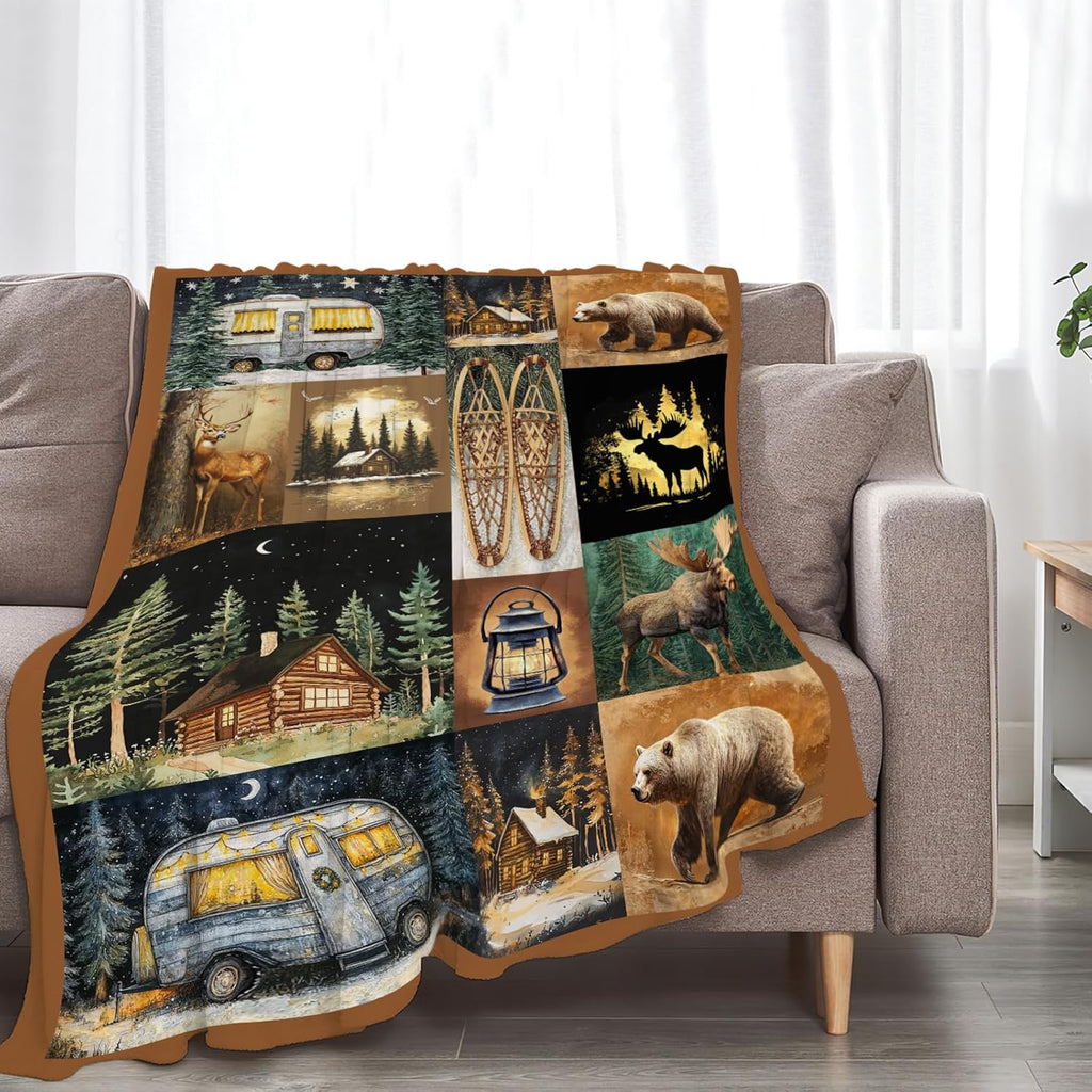 Camping Blanket Cabin Bear Deer Throw Blankets Gifts for Girls Boys Kids Camping Lover Soft Cozy Fleece Plush for Couch Sofa Bed 60"x50"