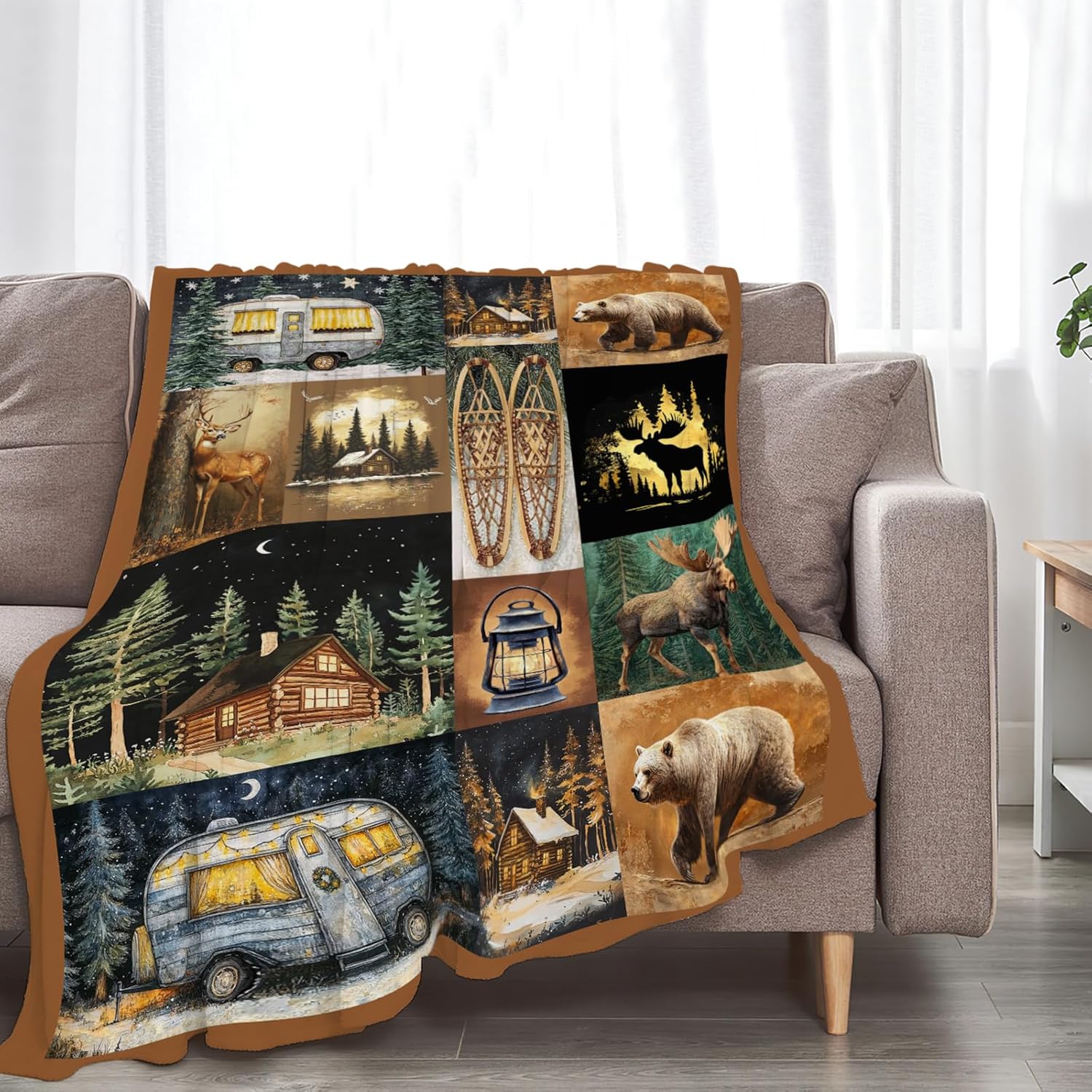 Camping Blanket Cabin Bear Deer Throw Blankets Gifts for Girls Boys Kids Camping Lover Soft Cozy Fleece Plush for Couch Sofa Bed 60"x50"