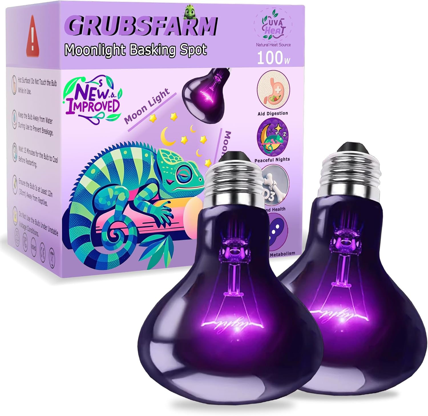 100W Reptile Night Light Bulb, UVA Heat Lamp – Simulated Natural Moonlight Purple Basking Bulb for Bearded Dragon, Lizard, Snake, Turtle, Chameleon, Amphibians, Aquarium & Terrarium Use
