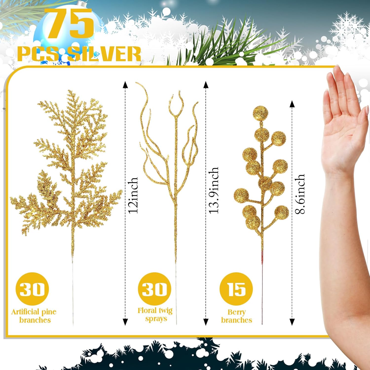 75 Pcs Christmas Glitter Branches 3 Styles Artificial Christmas Picks Berries Stems Pine Needles Floral Twig Spray for Xmas Tree Ornaments DIY Wreath Garland(Gold)