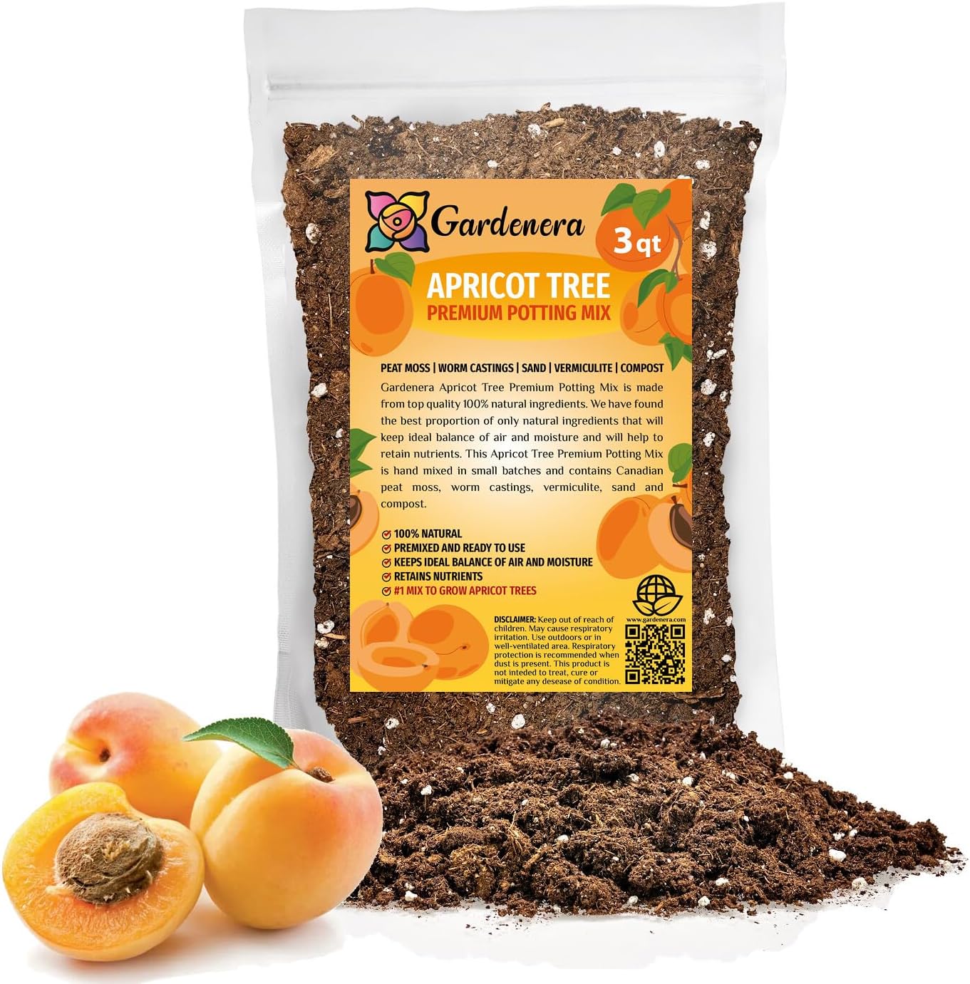 Gardenera Premium Apricot Potting Soil Mix - Ideal Nutrient Blend for Growing Robust, Flavorful, and Bountiful Apricots - 3 Quart