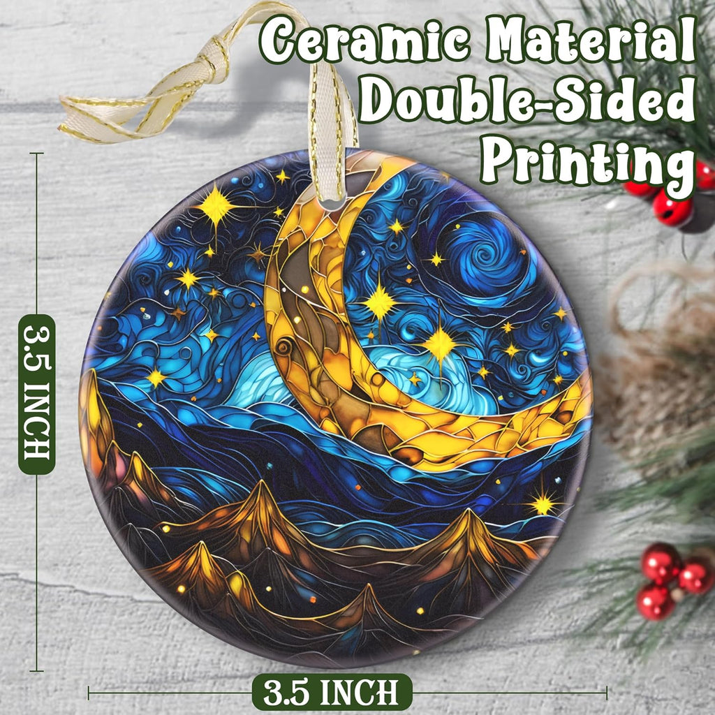 2025 Christmas Ornament - Christmas Tree Ornaments, Round Ceramic Holiday Decor - Gift Idea for Friends, Exchange - Retro Moon Star
