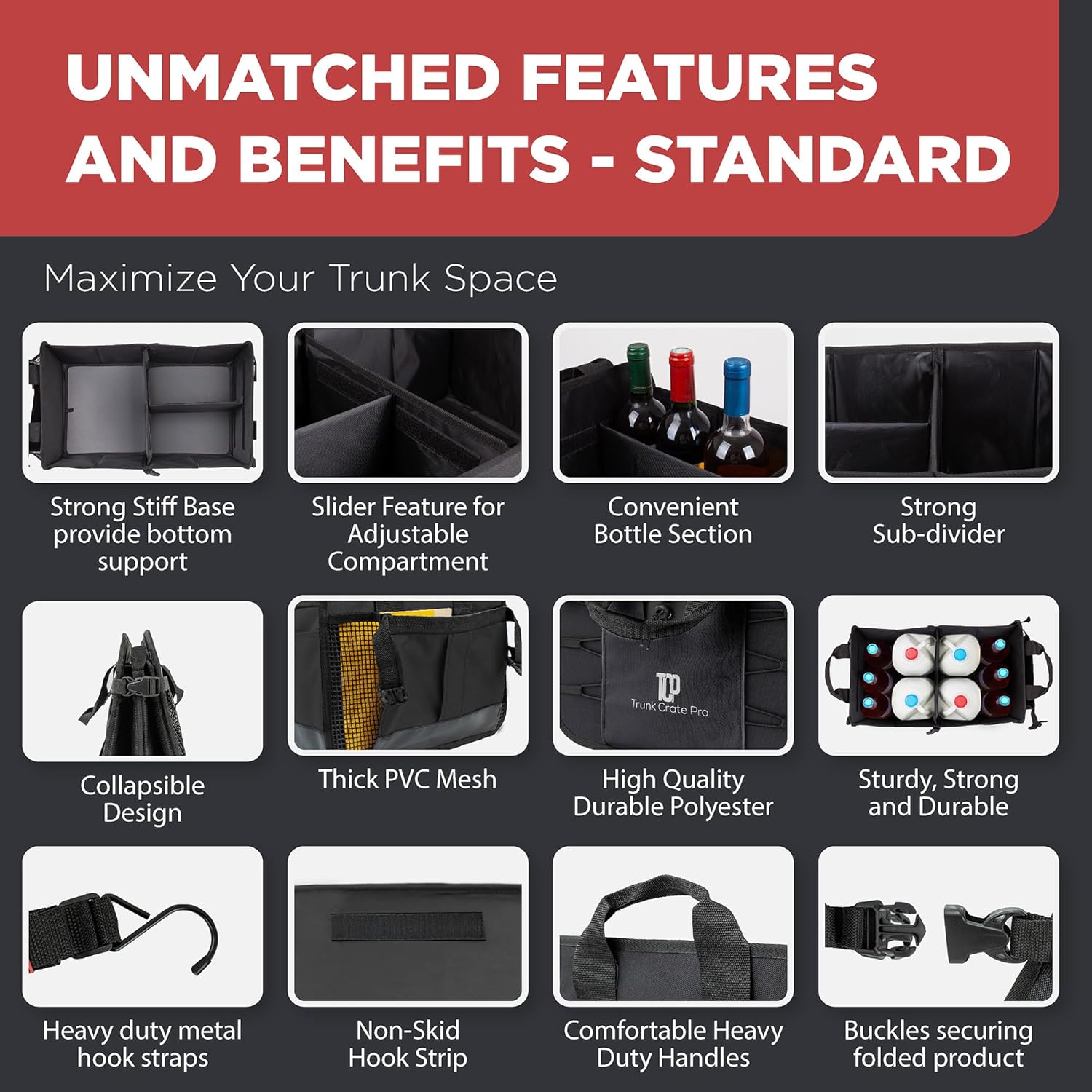 TRUNKCRATEPRO Car Organizers and Storage Premium Adjustable Multi Compartments Car Storage Organizer | Portable and Foldable SUV Trunk Organizer for Car (Standard Size, 20.86"L x 13.4"W x 10"H )-Black