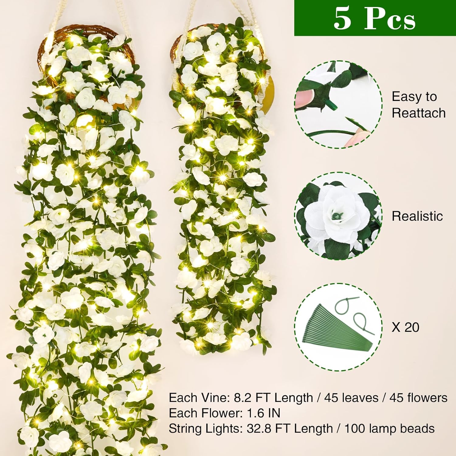 BLEUM CADE 5Pcs 41Ft Flower Garland Artificial Rose Vines with 32.8Ft String Lights, Cute Fake Hanging Flower Vines Floral Garland Decorations for Wedding Party Wall Room Decor Aesthetic