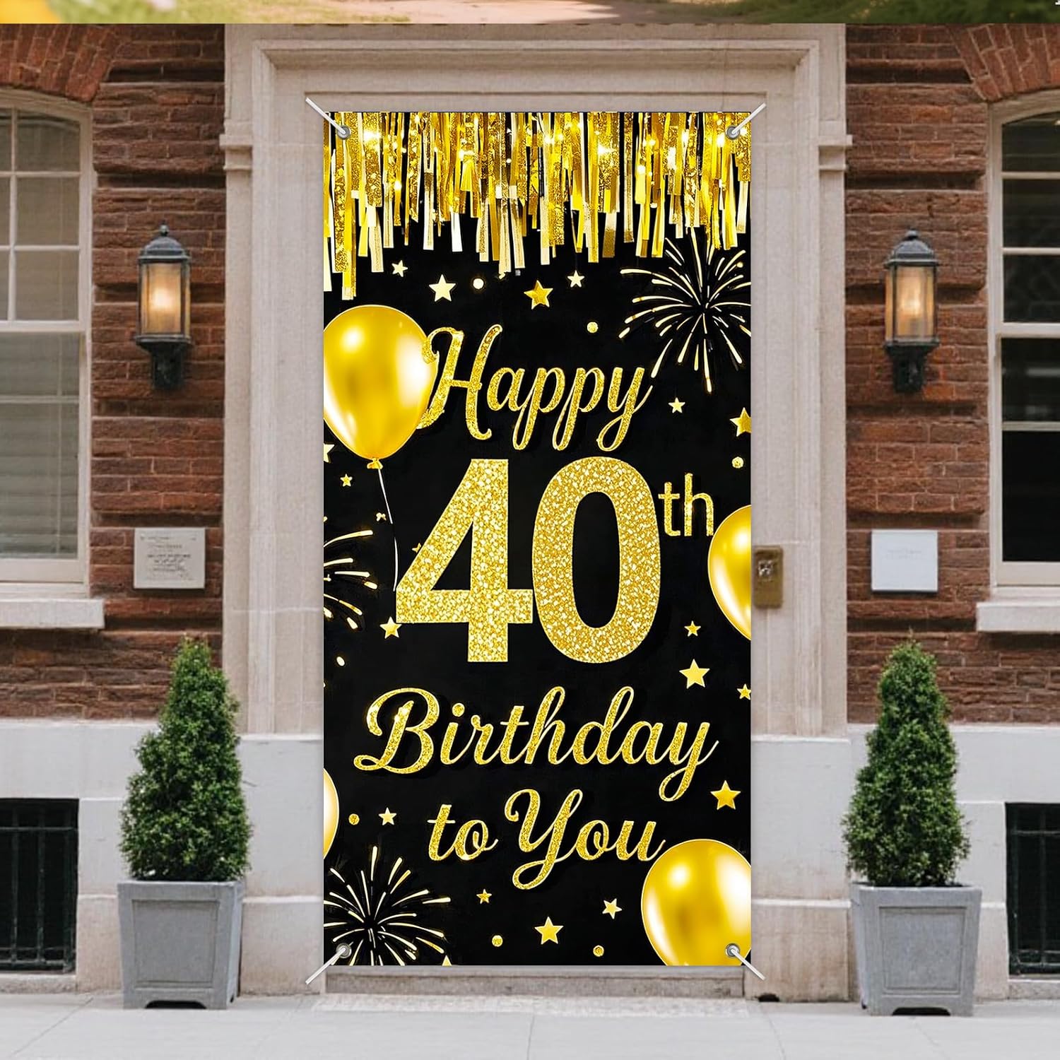 IVN 40th Birthday Door Cover 71x35 Inch Black Gold Birthday Banner for Party Decorations Balloons Stars Fireworks Backdrop Sign for Men Women Photo Booth Prop Wall Decor