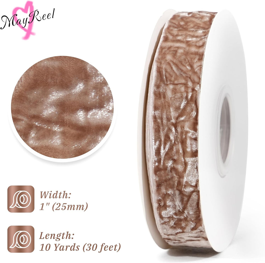 MAYREEL Taupe Crushed Velvet Ribbon 1 Inch Beige Vintage Ribbon for Flower Bouquets Wedding Invitations Crafts Gift Wrapping Party Favor Boxes 10 Yards