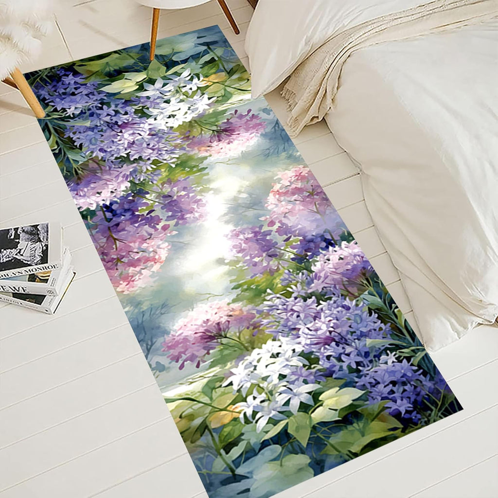 Floral Landscape Runner Rug, 2.6x10ft, Stereoscopic Floral Purple Violet Hydrangea Green Leaf Plants 3D Illusion Hallway Rug, Easy Clean Low Pile No Crease Carpet for Porch Kitchen