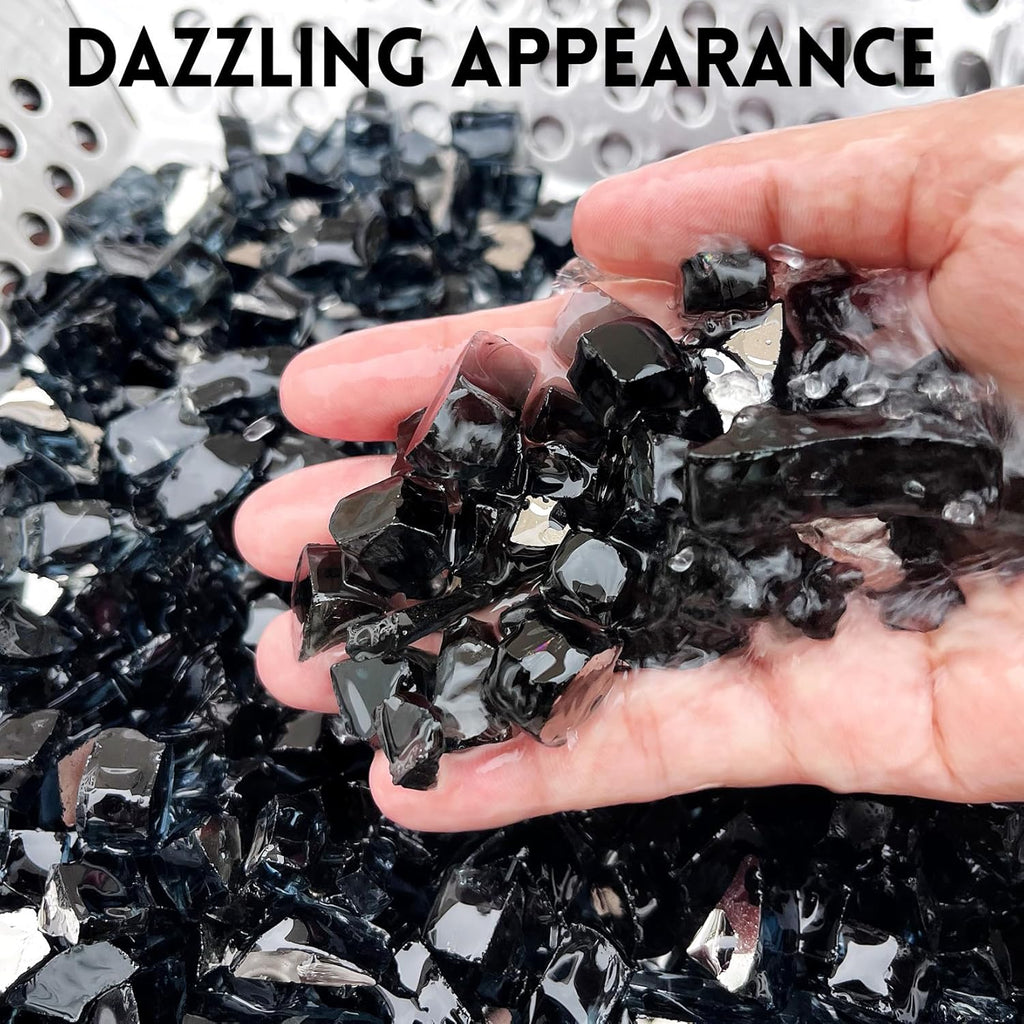 GasSaf 1/2 Inch Fire Glass Reflective Tempered Fireglass Cut Crushed FireGlass for Fire Pit, Fireplace, Replaces Existing Gas Logs & Lava Rocks (20 Pound)(Black Reflective)
