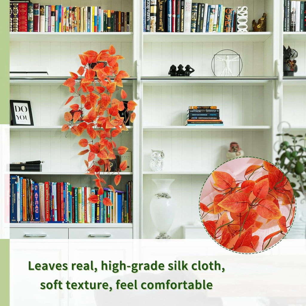 LOYWREE Small Artificial Plants Hanging Potted Fall Foliage - Orange Faux Ivy Vine & Pothos for Shelves. Ideal for Home, Office, Indoor & Outdoor Gardens (Black Pot)