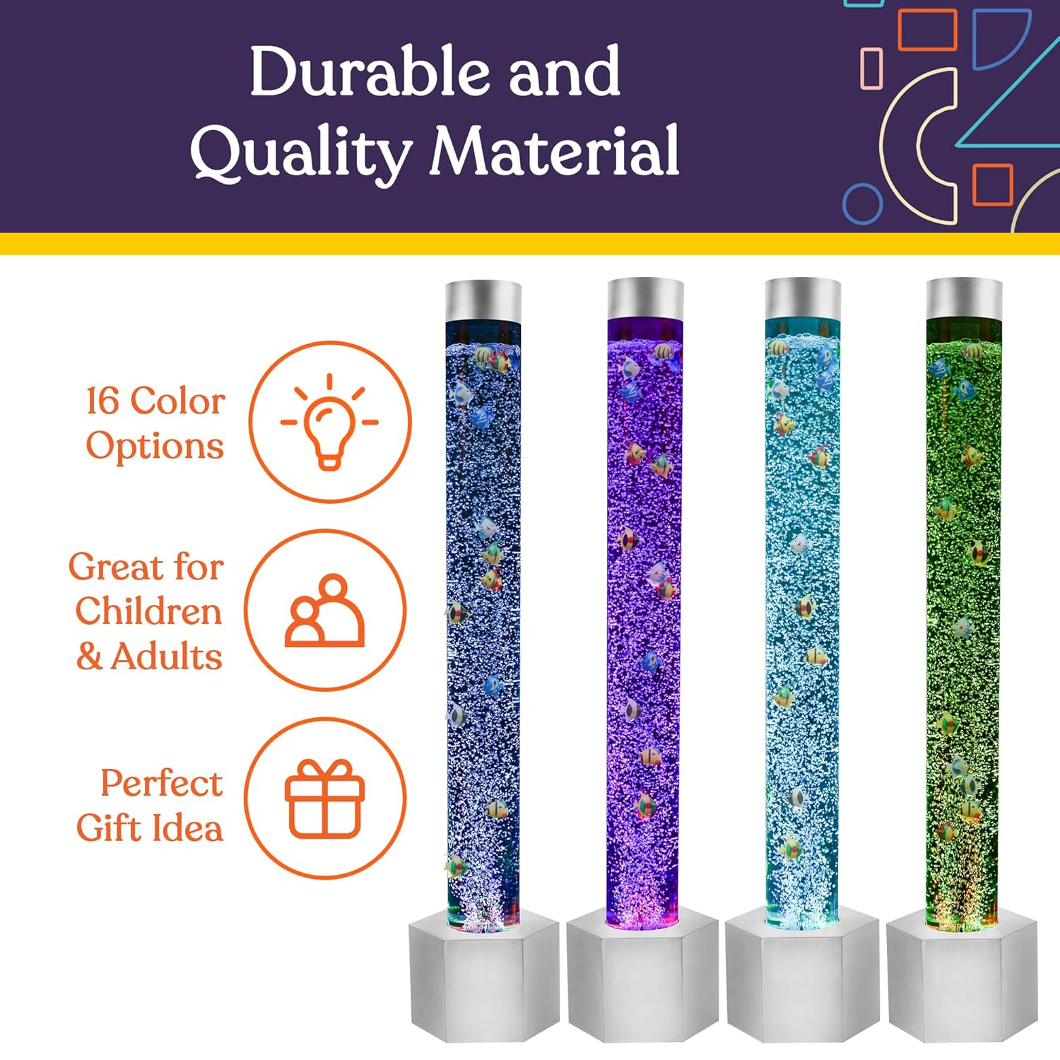 Special Supplies Aquarium Sensory Fish Bubble Light Tube with 16 LED Color Changing Nightlight Effect, Remote Control-Includes 12 Fish, Floor Standing Lamp for Kids and Adults (5 ft) (Hexagon)