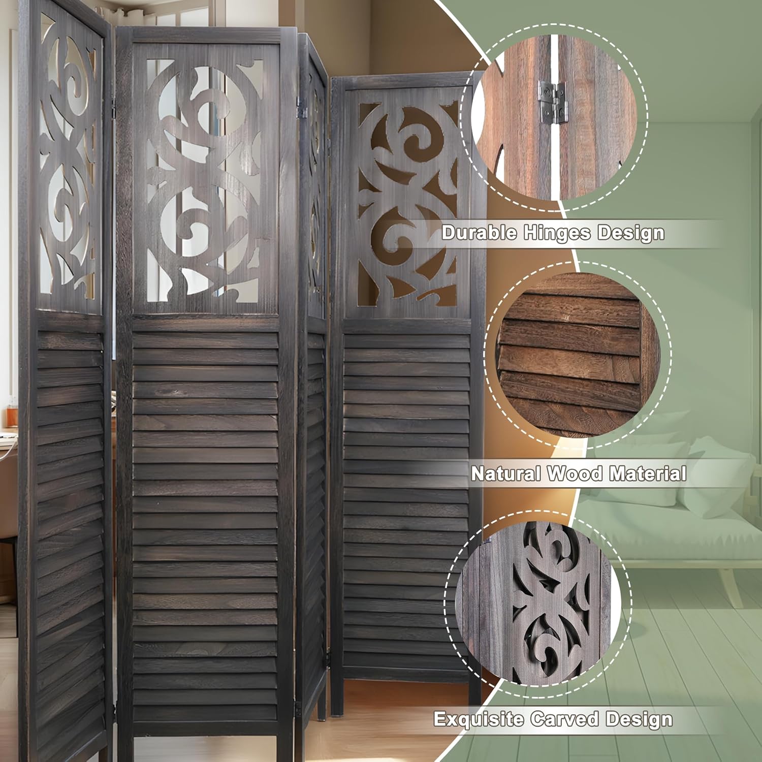 4 Panel Room Dividers 6FT Wall Divider Carved Wood Room Separator Folding Privacy Screens Cutout Design Foldable Partition Wall for Office Restaurant, Studio Apartment, Rustic Brown