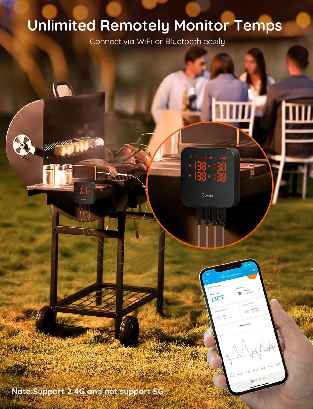 Govee WiFi Meat Thermometer with 4 Probe, Smart Wireless Meat Thermometer with Unlimited Range App Notification Alert, Digital Rechargeable Bluetooth Food Thermometer for Smoker BBQ Grill Oven Kitchen