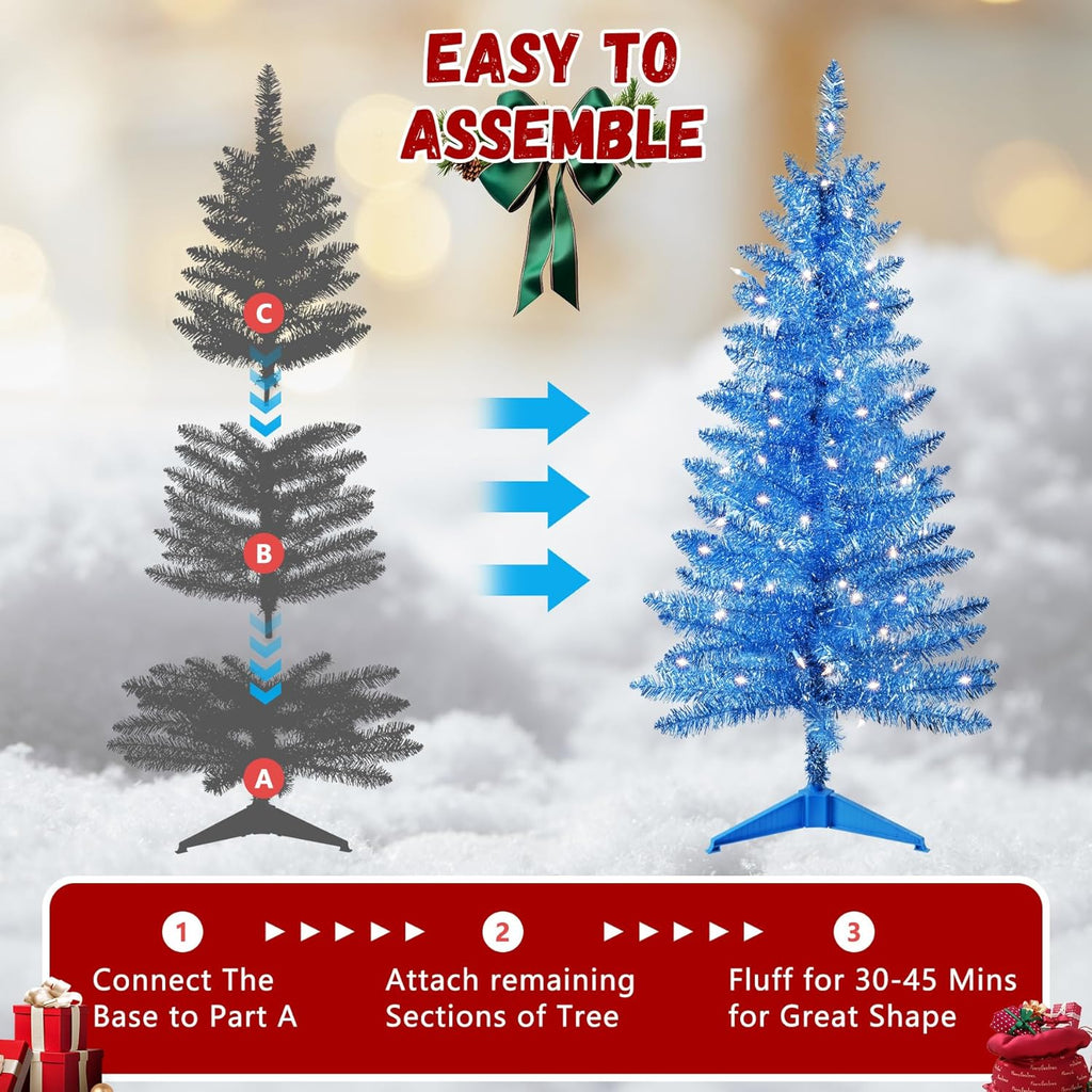 4ft Artificial Full Blue Christmas Tree with Separate Lights, Not Pre-lit Mini Blue Tinsel Pine Christmas Tree, 50 Lights, Small Xmas Tree for Home, Office, Party Decoration, Indoor