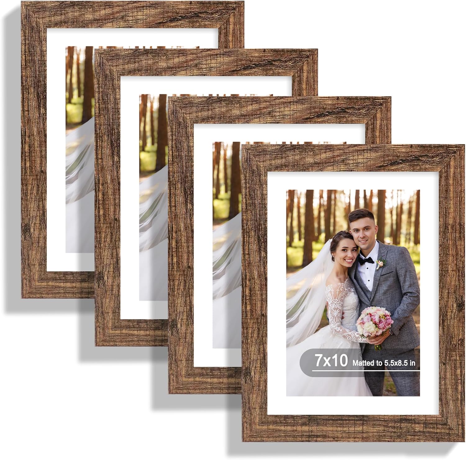 7x10 Picture Frame Set of 4, Made of Real Glass and Rustic Brown Frame - Display Picture 5.5x8.5 with Mat or 7x10 Without Mat, 7 by 10 Photo for Wall or Tabletop