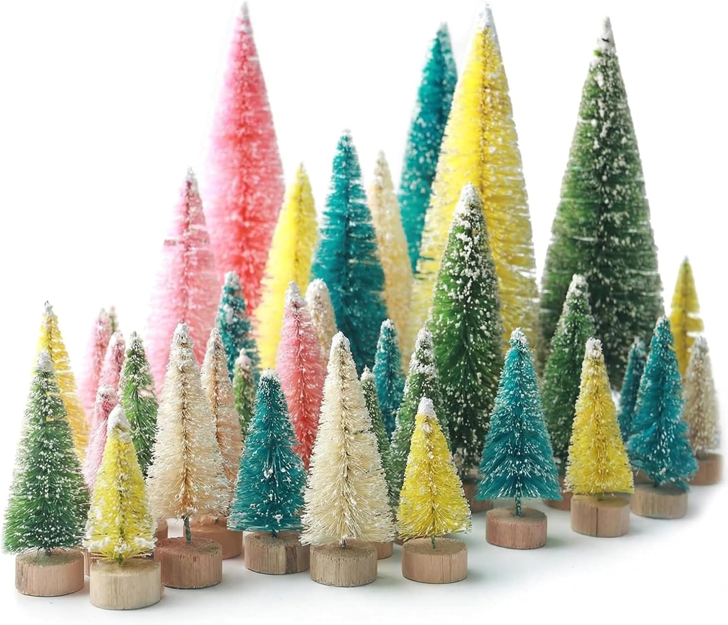 LOVEINUSA 40PCS Colorful Mini Christmas Trees, Snow Frosted Sisal Trees Colored Bottle Brush Xmas Trees with Wooden Base for Xmas Winter Home Table Decoration
