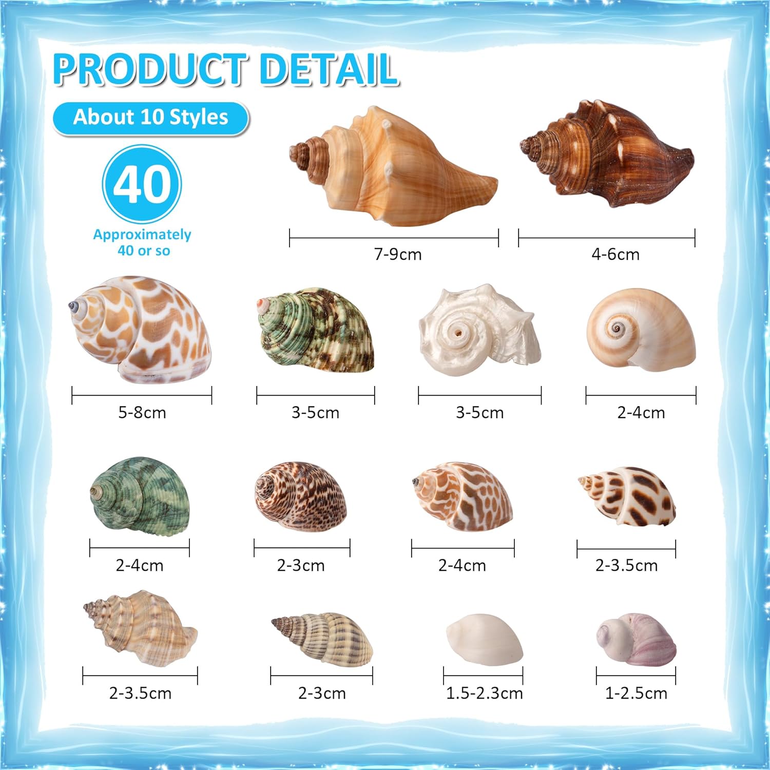 Hermit Crab Shells 40 PCS Natural Sea Conch for Replacement Shells and Small Fish Breeding Houses Conch Size 1-9 cm，Opening Size 0.5-3cm，for DIY Crafting Vase Fillers Party Home Seaside Decoration